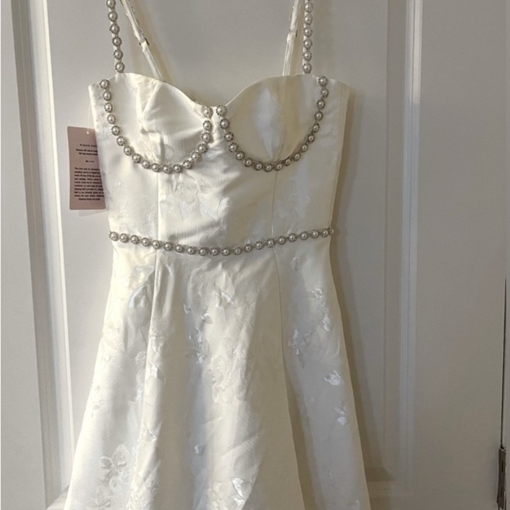 V. Chapman White Floral Dress with Pearl Accents